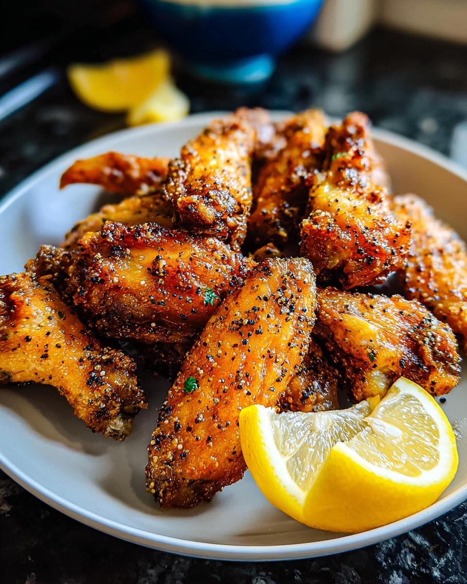 A plate of crispy, seasoned Lemon Pepper Wings with Bright Zest served with a fresh lemon wedge.