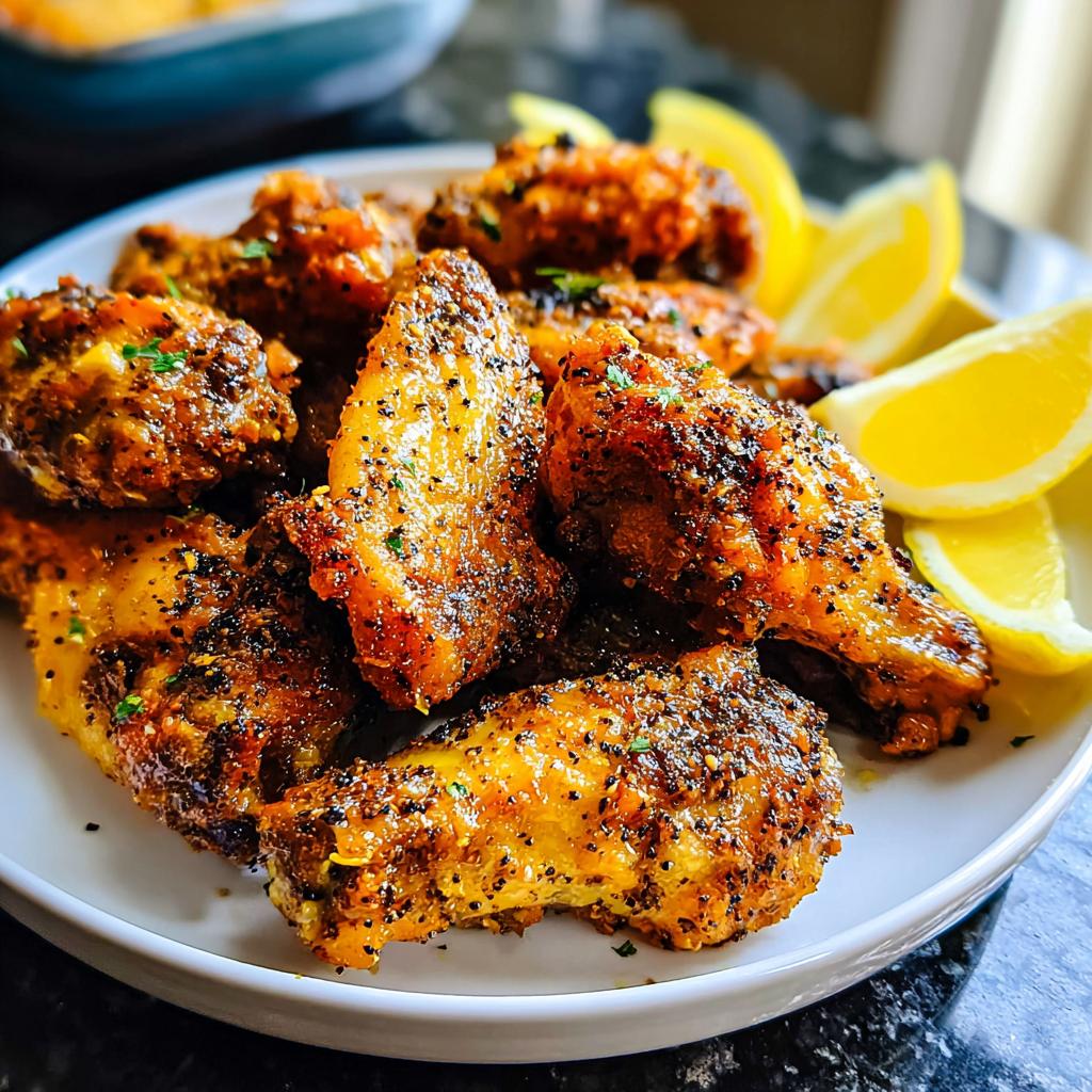 A plate of crispy, glazed Lemon Pepper Wings with Bright Zest, garnished with fresh lemon wedges.
