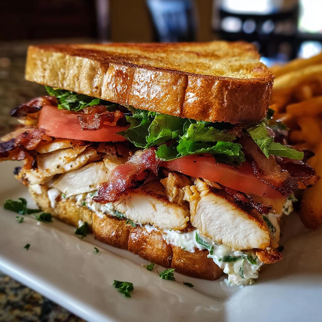 A tall, stacked Loaded Chicken Club sandwich featuring grilled chicken, bacon, tomato, lettuce, and creamy spread on toasted bread.