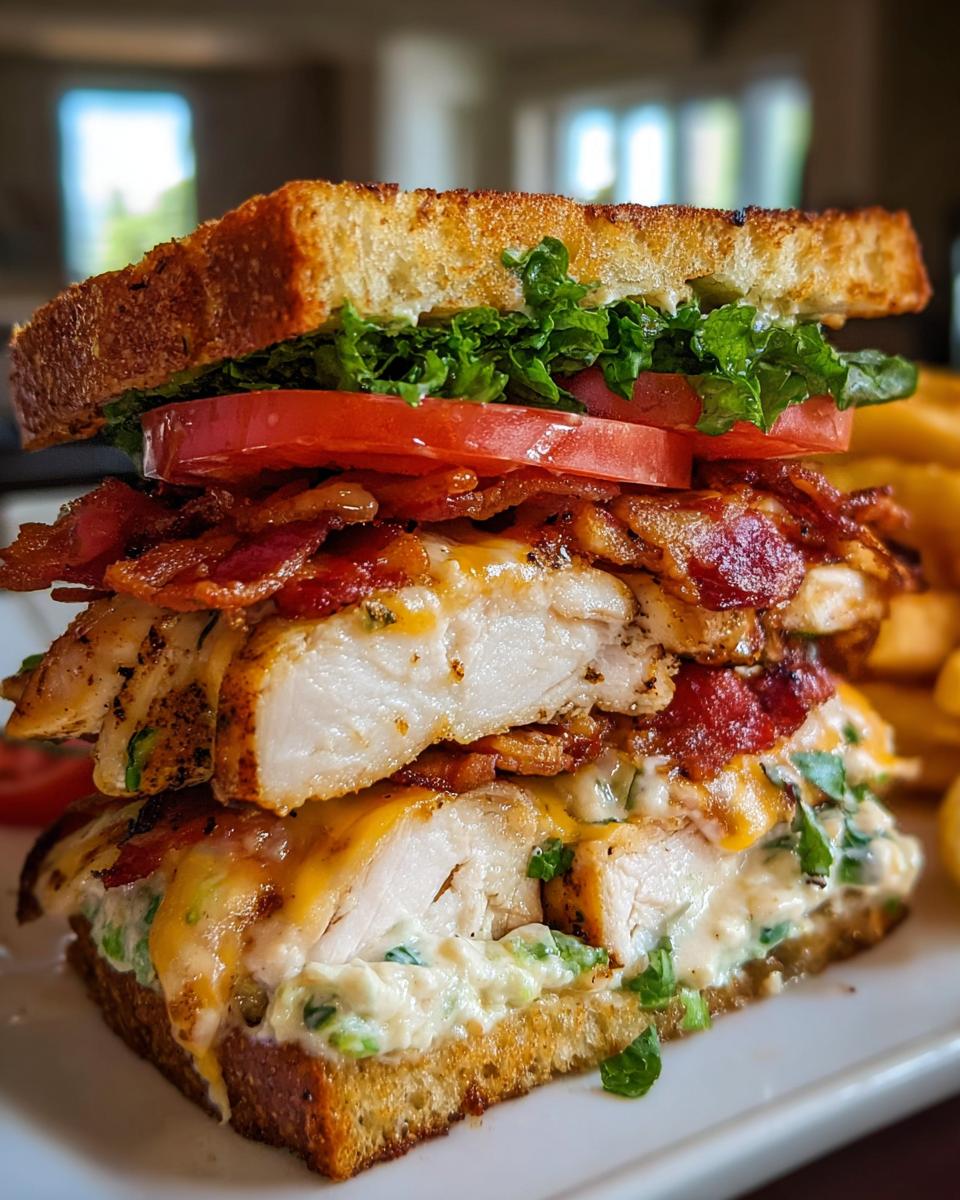 Cross-section of a towering Loaded Chicken Club sandwich showing grilled chicken, bacon, cheese, and fresh vegetables.