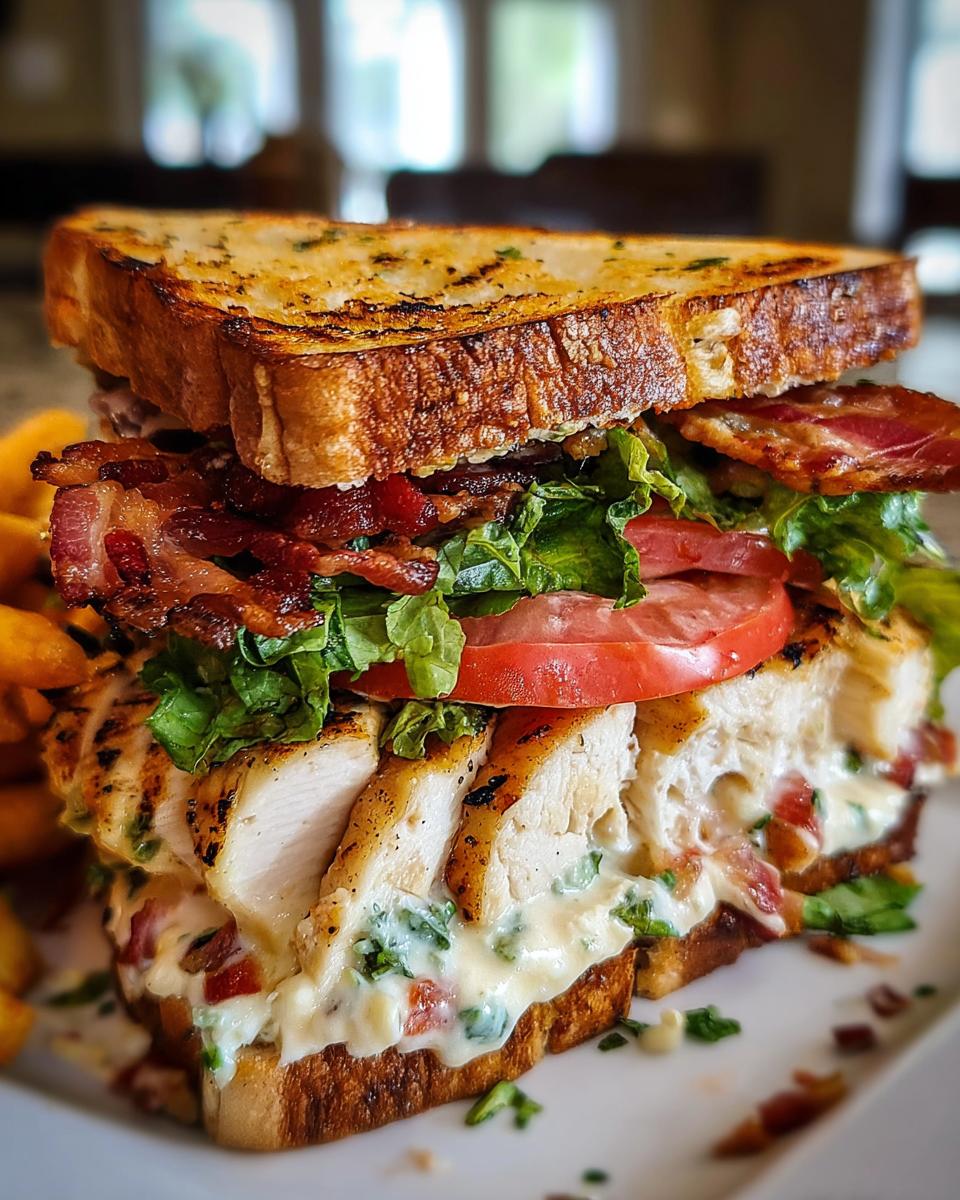 A towering, cross-section view of the Loaded Chicken Club sandwich with grilled chicken, bacon, tomato, lettuce, and creamy sauce on toasted bread.