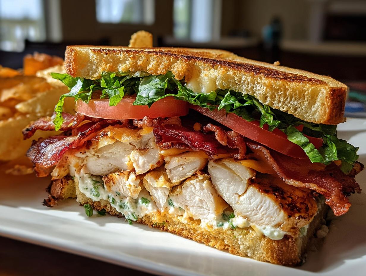 A cross-section view of a towering Loaded Chicken Club sandwich with grilled chicken, bacon, lettuce, and tomato.
