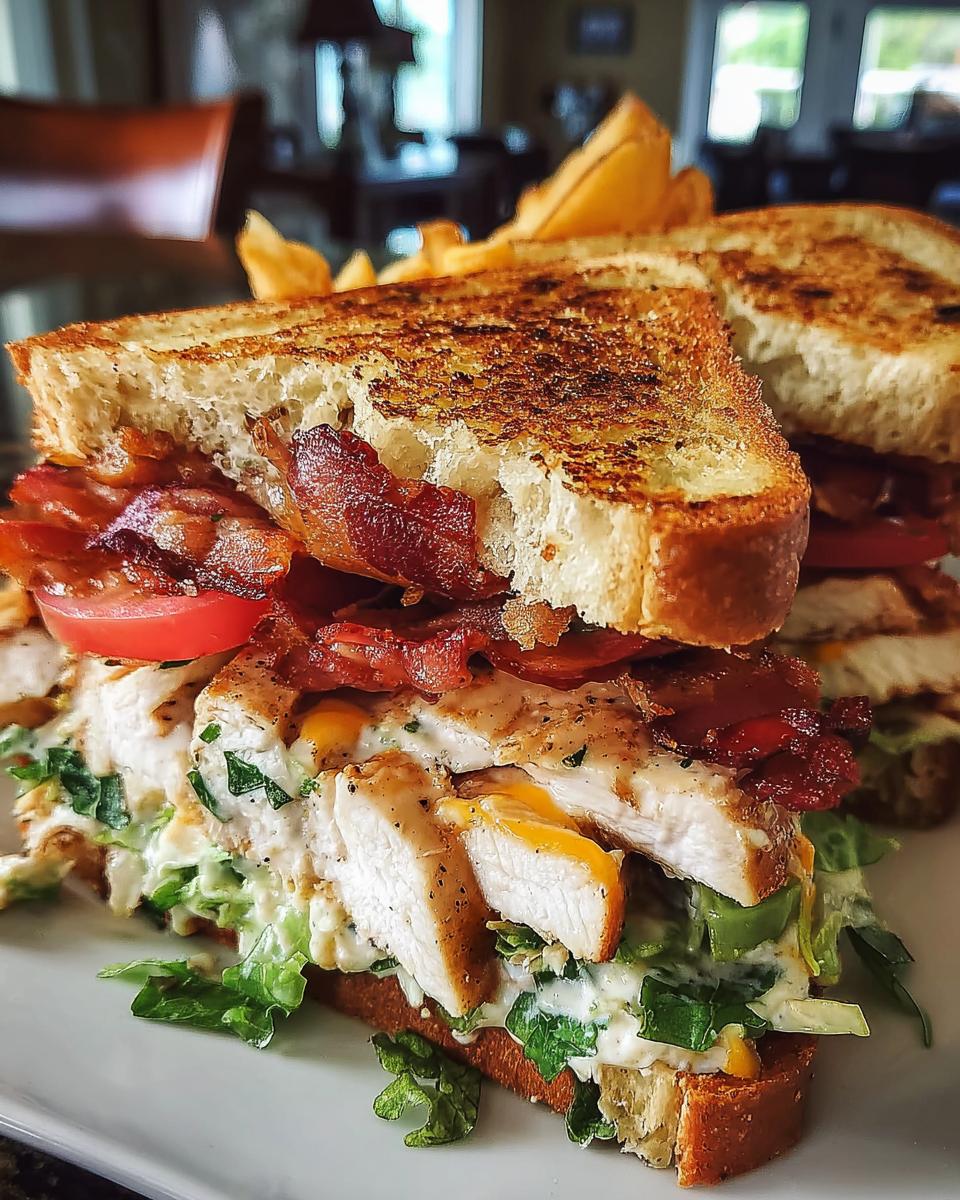 A cross-section view of a Loaded Chicken Club sandwich showing layers of grilled chicken, bacon, tomato, lettuce, and creamy sauce on toasted bread.