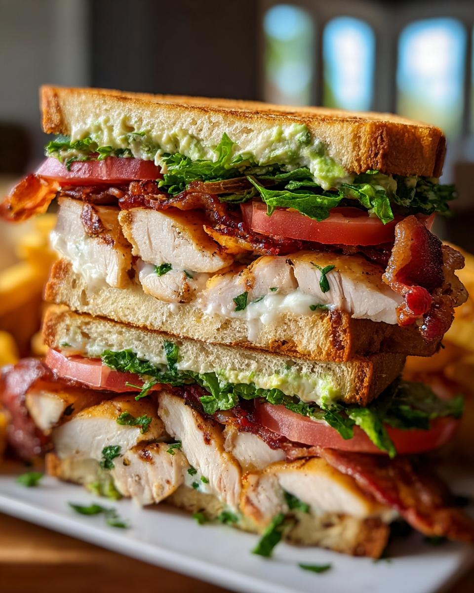 A tall, three-layer Loaded Chicken Club sandwich featuring grilled chicken, bacon, tomato, lettuce, and avocado spread.