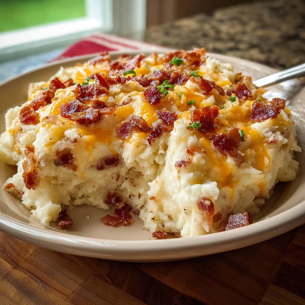 A close-up of a bowl piled high with creamy Loaded Mashed Potatoes with Bacon and Cheese, topped with melted cheddar.