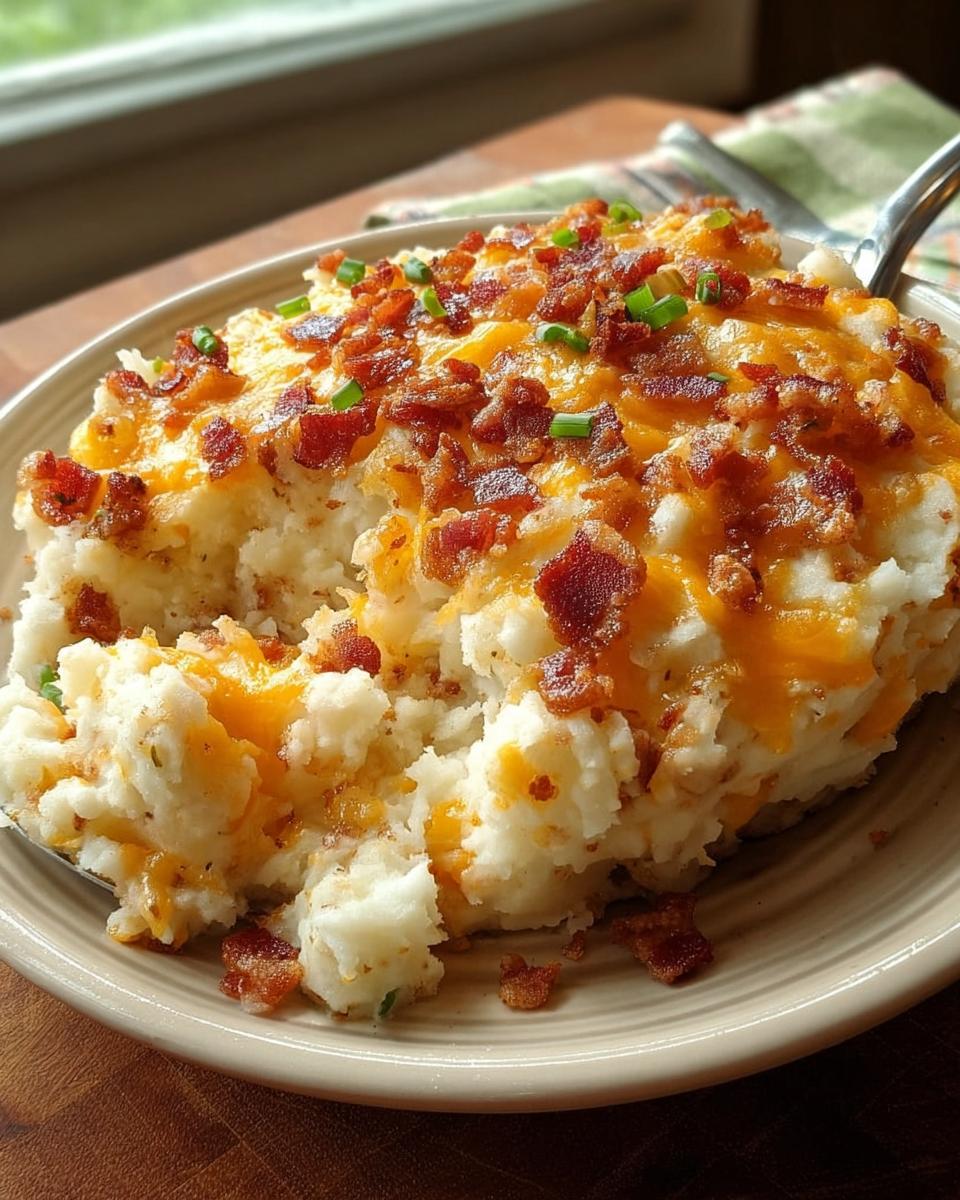 A scoop of creamy Loaded Mashed Potatoes with Bacon and Cheese topped with melted cheddar and chives.