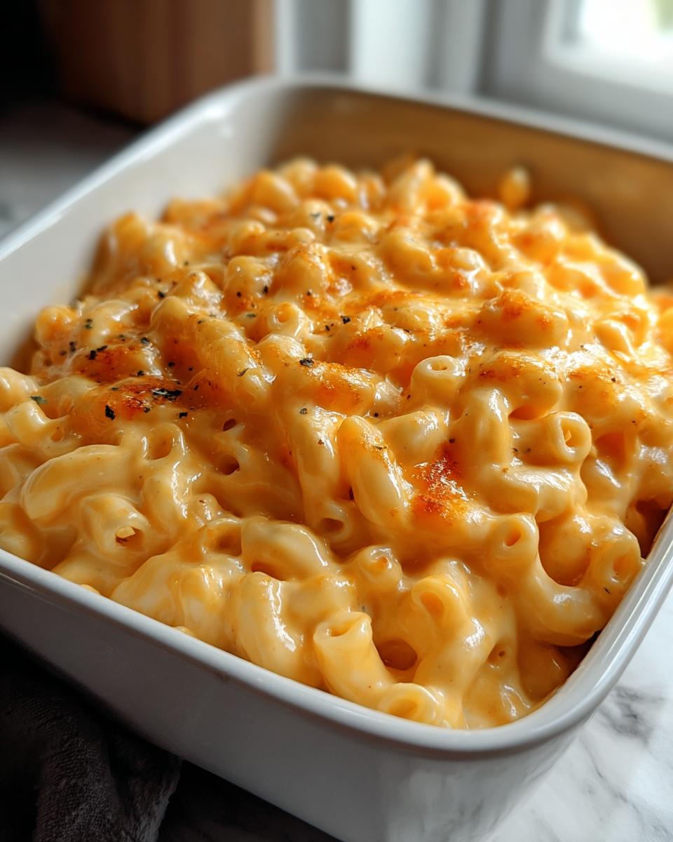 Close-up of baked Mac and Cheese with Creamy Velvety Sauce topped with melted cheese and spices.