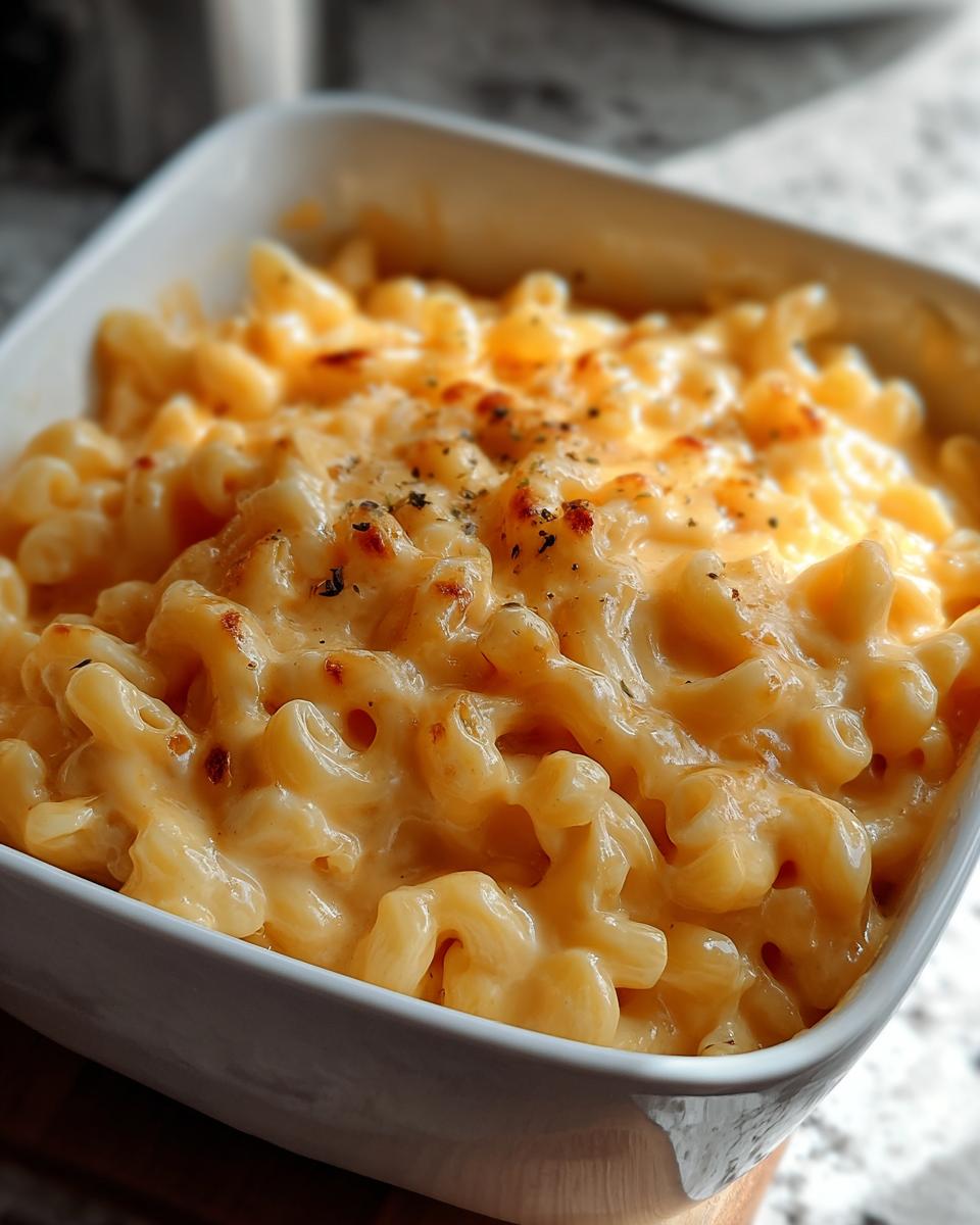 Close-up of baked Mac and Cheese with Creamy Velvety Sauce in a white bowl, topped with herbs.
