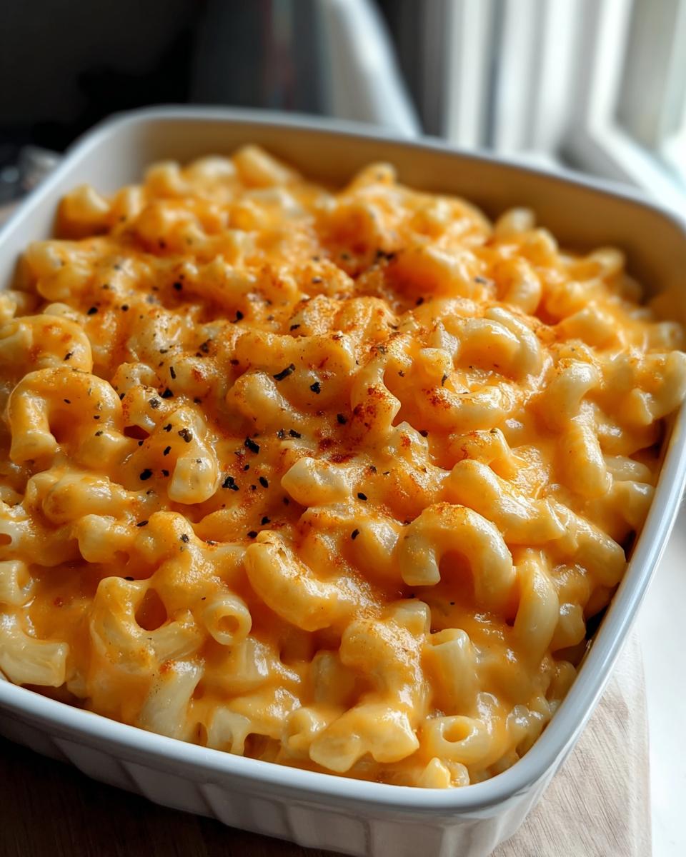 Close-up of baked Mac and Cheese with Creamy Velvety Sauce topped with paprika and pepper.