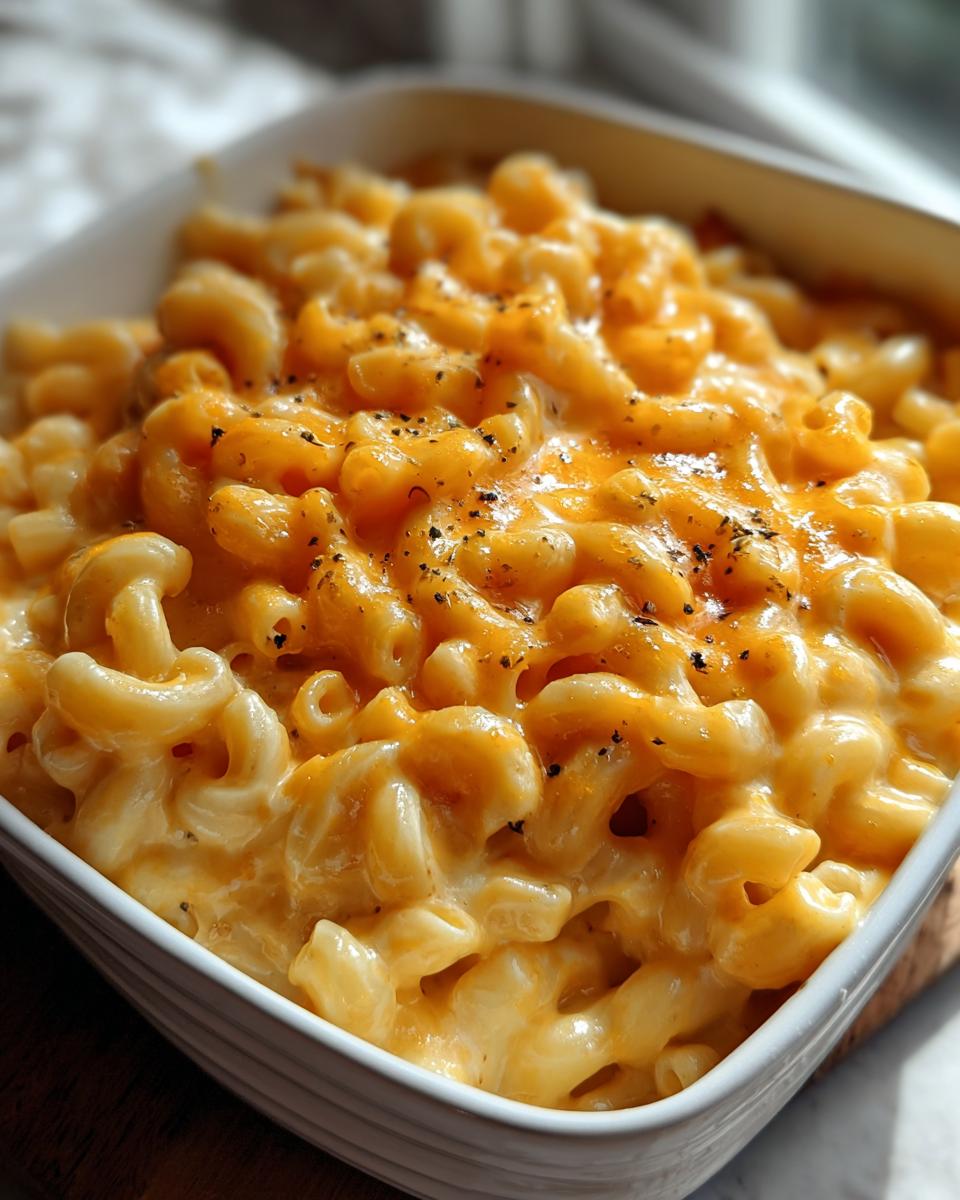 Close-up of elbow macaroni coated in a rich, creamy velvety sauce, topped with melted cheese and black pepper.