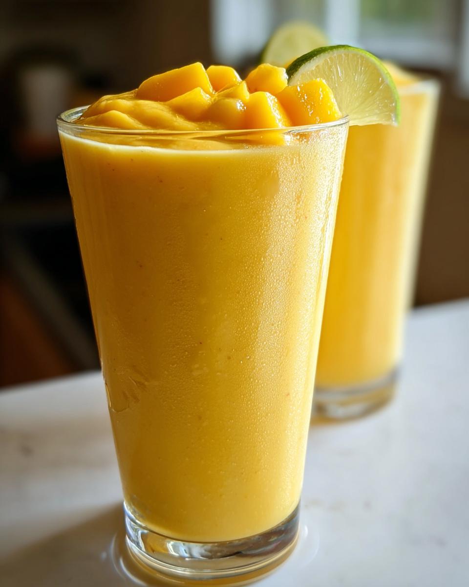 Close-up of a vibrant Mango Smoothie with Bright Tropical Flavor, topped with diced mango and a lime wedge.
