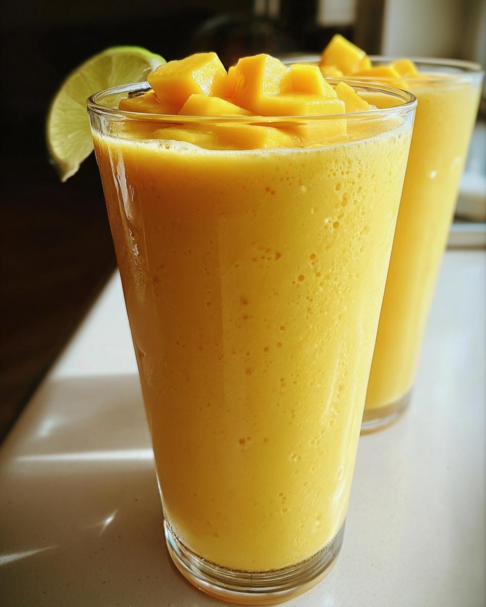 Close-up of a vibrant yellow Mango Smoothie with Bright Tropical Flavor, topped with mango chunks and a lime slice.