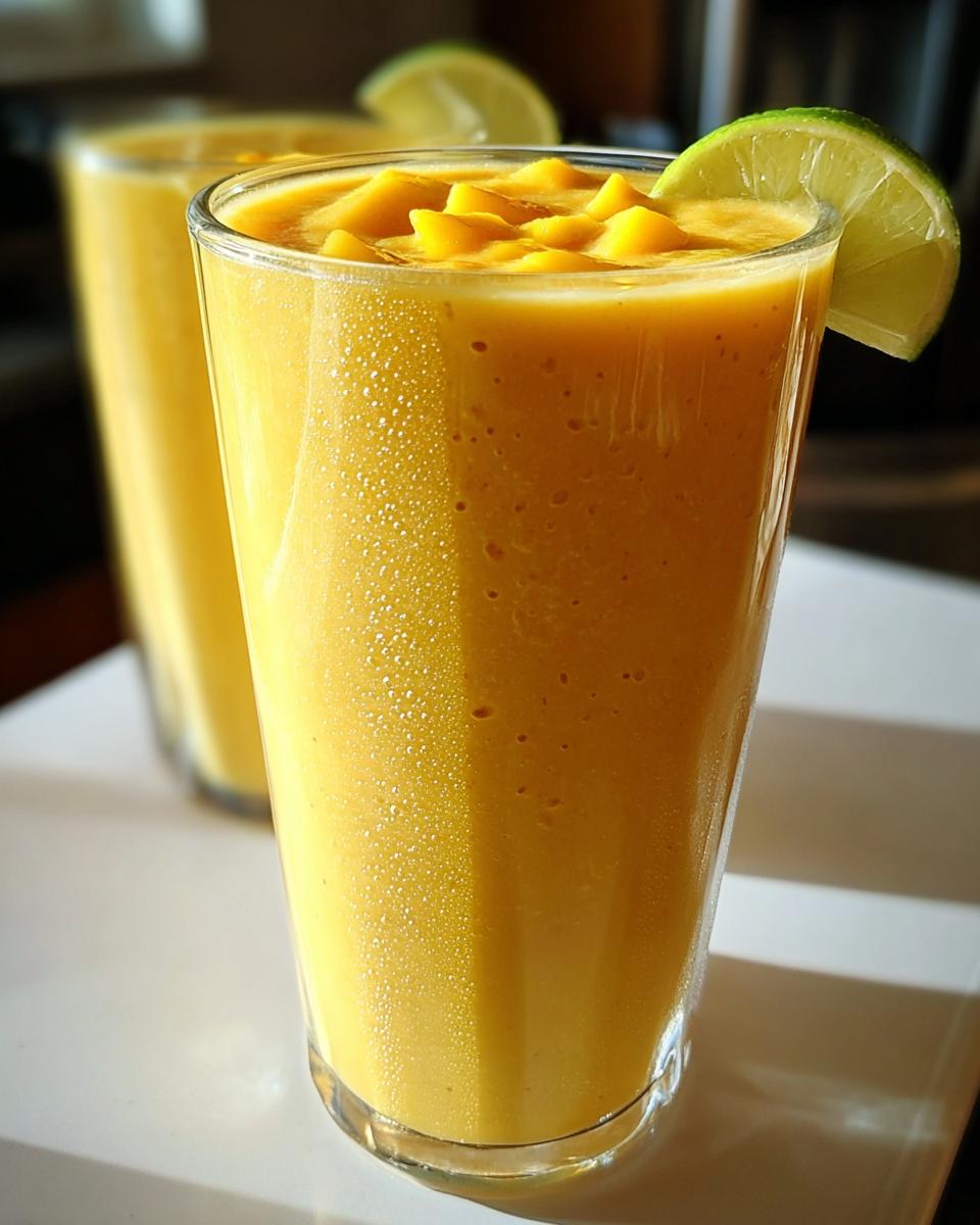 Close-up of a tall glass filled with a thick, bright yellow Mango Smoothie with Bright Tropical Flavor, topped with mango chunks and a lime wedge.