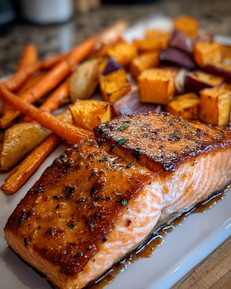 Close-up of a perfectly cooked Maple Mustard Salmon fillet with a shiny glaze, served with roasted carrots and sweet potatoes.