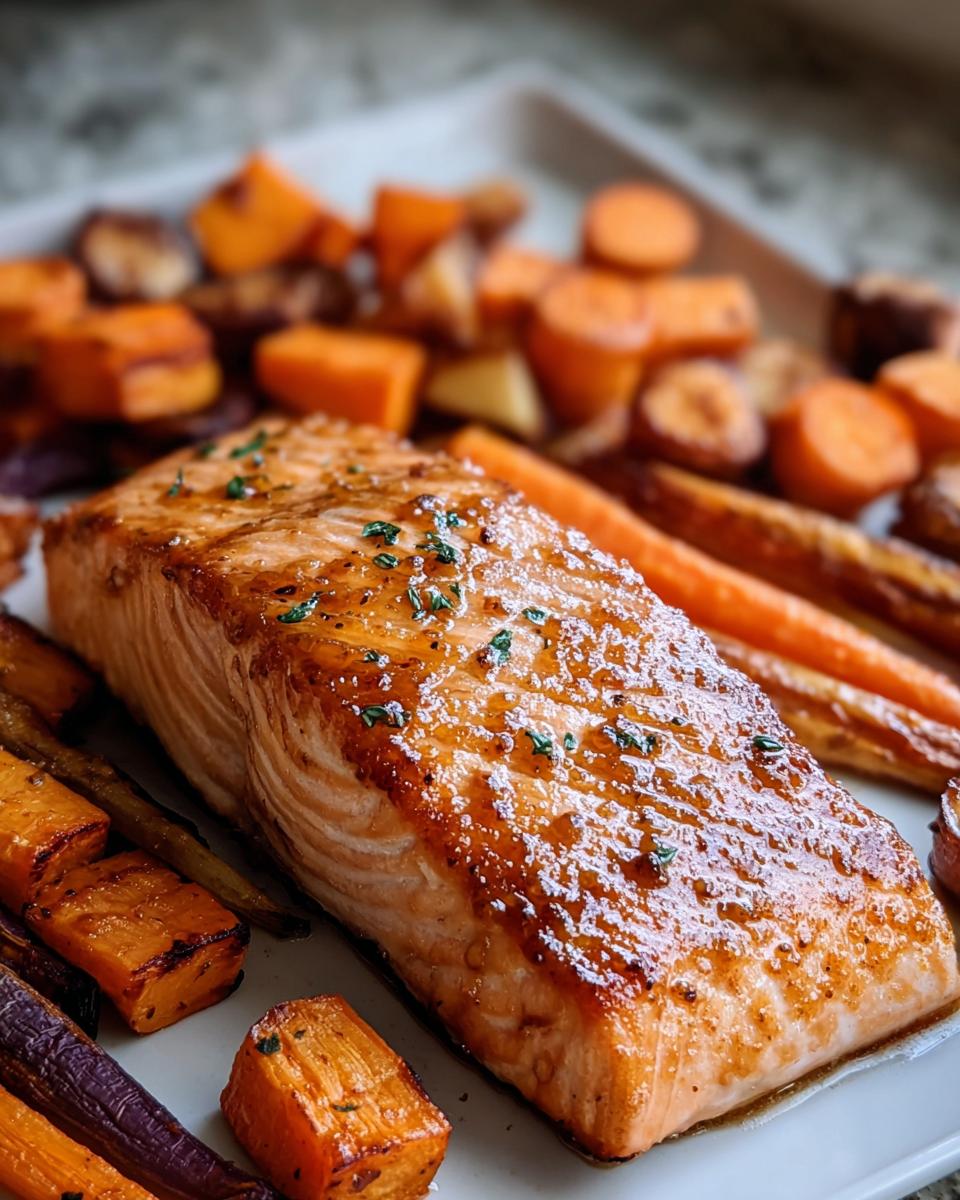 A perfectly cooked fillet of Maple Mustard Salmon with a shiny glaze, served alongside roasted carrots and sweet potatoes.