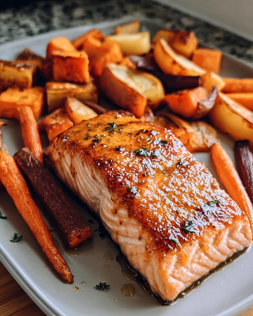 A perfectly cooked fillet of Maple Mustard Salmon with a shiny glaze, served alongside roasted carrots and potatoes.