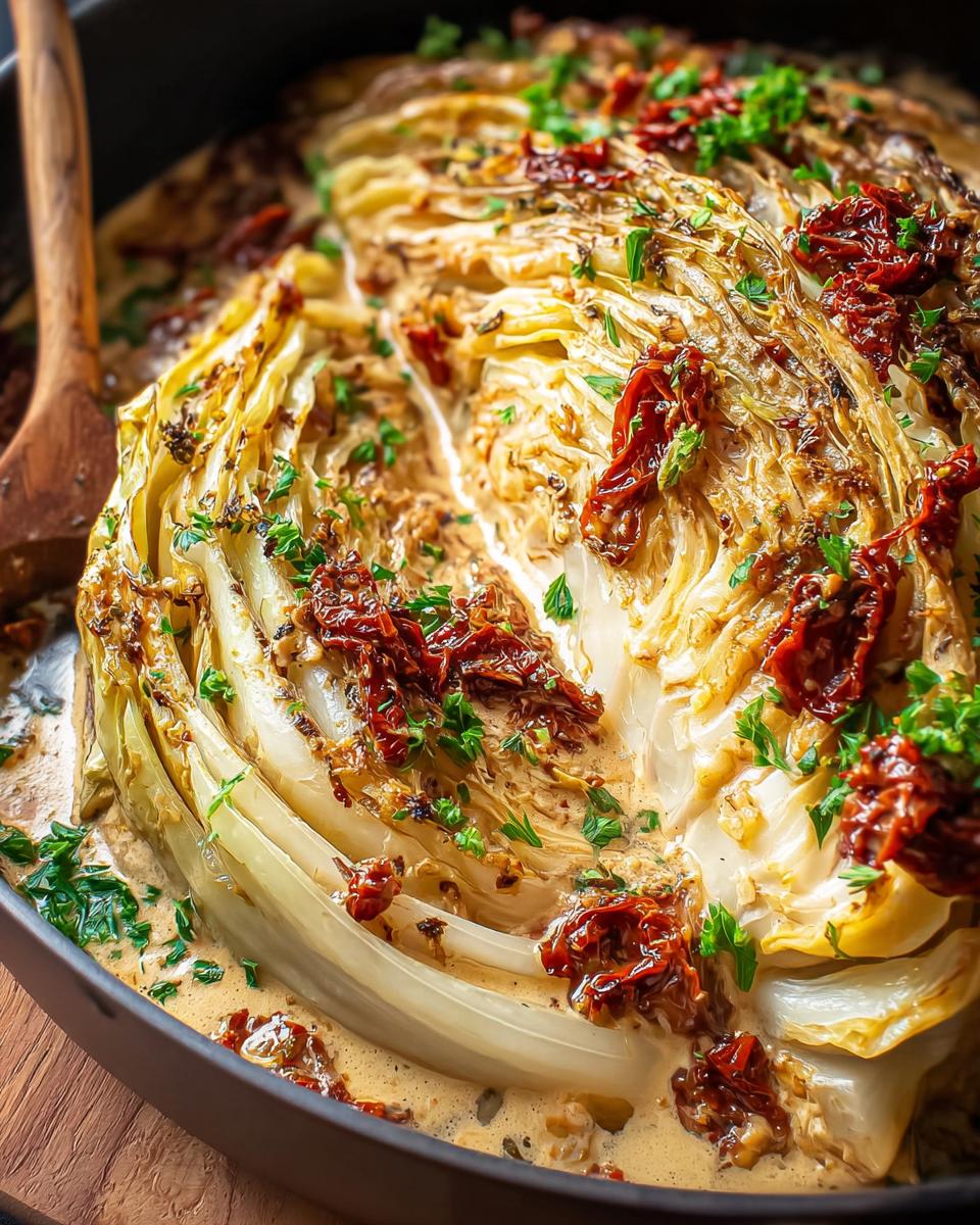 A whole head of Marry Me Melting Cabbage braised in a creamy sauce, topped with sun-dried tomatoes and parsley.