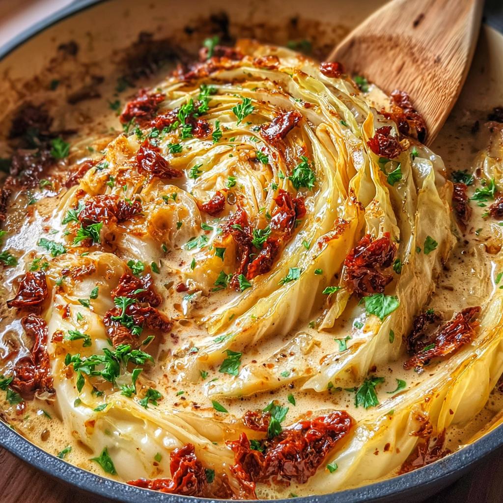 A whole head of Marry Me Melting Cabbage braised in a creamy sauce, topped with sun-dried tomatoes and parsley.