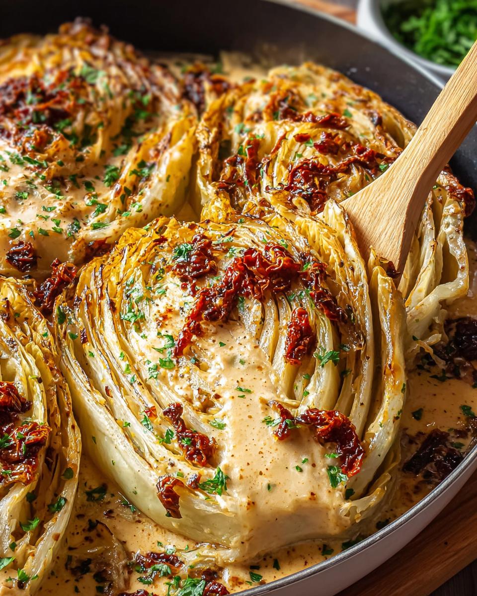 Close-up of Marry Me Melting Cabbage wedges smothered in creamy sauce and sun-dried tomatoes.