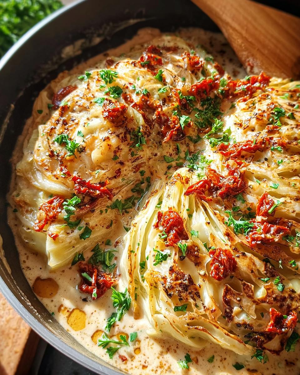 Close-up of Marry Me Melting Cabbage wedges braised in a creamy sauce, topped with sun-dried tomatoes and parsley.
