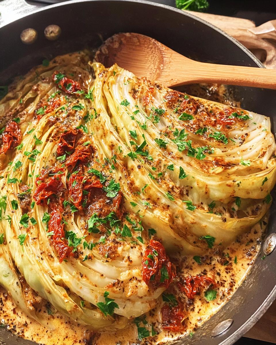 Two wedges of Marry Me Melting Cabbage simmering in a creamy sauce with sun-dried tomatoes and parsley.