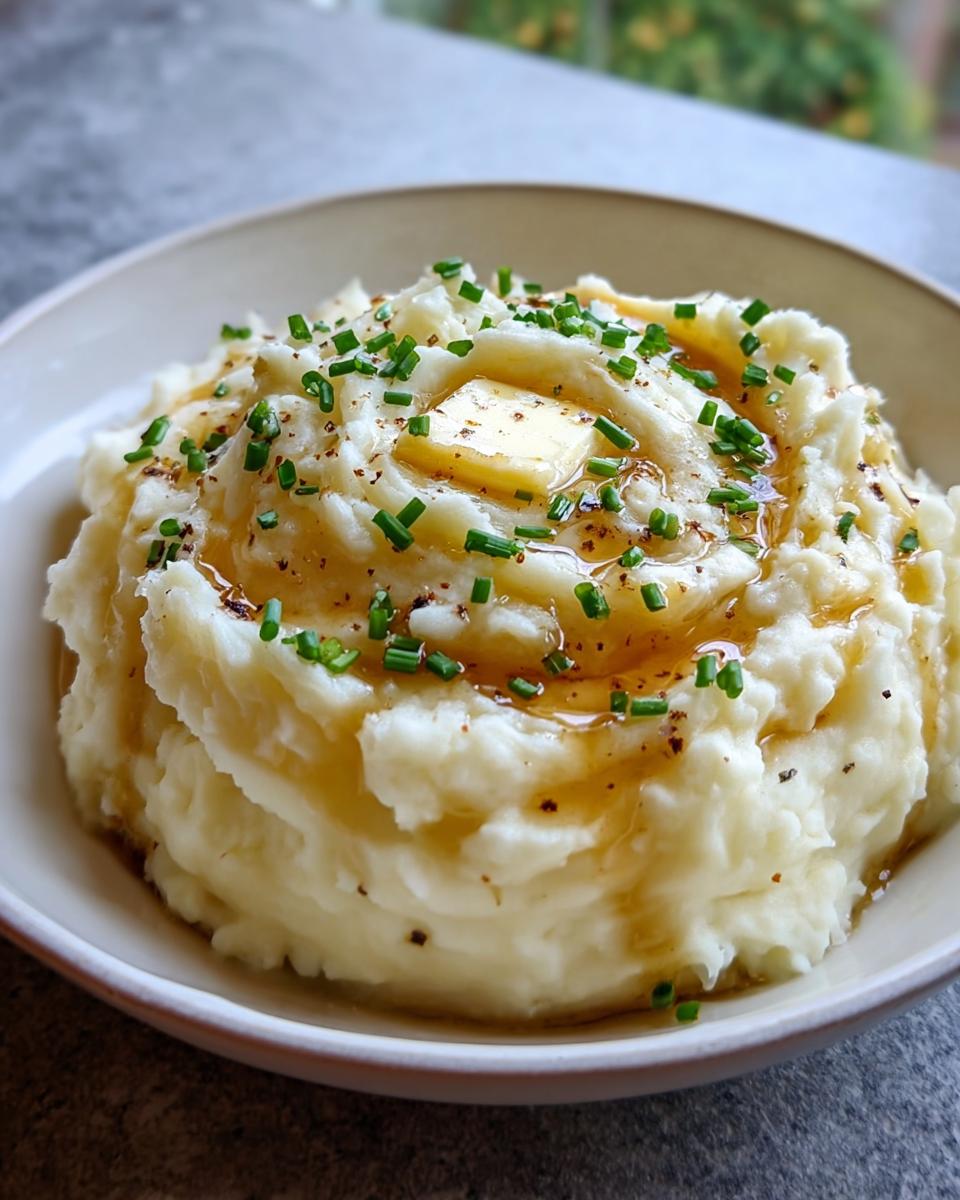 Fluffy mashed potatoes topped with a melting pat of butter, brown butter drizzle, and fresh chives.