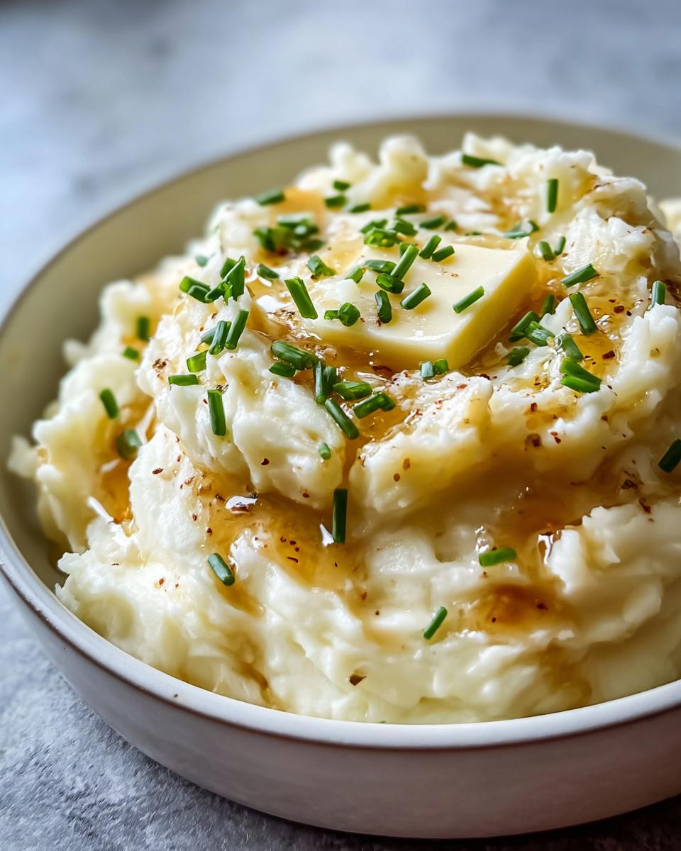 Close-up of creamy Mashed Potatoes with Brown Butter Drizzle, topped with a pat of butter and fresh chives.