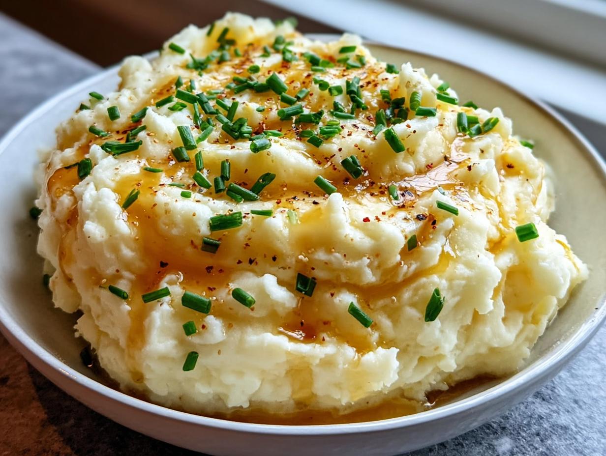 A bowl of creamy mashed potatoes topped with a rich brown butter drizzle and fresh chives.