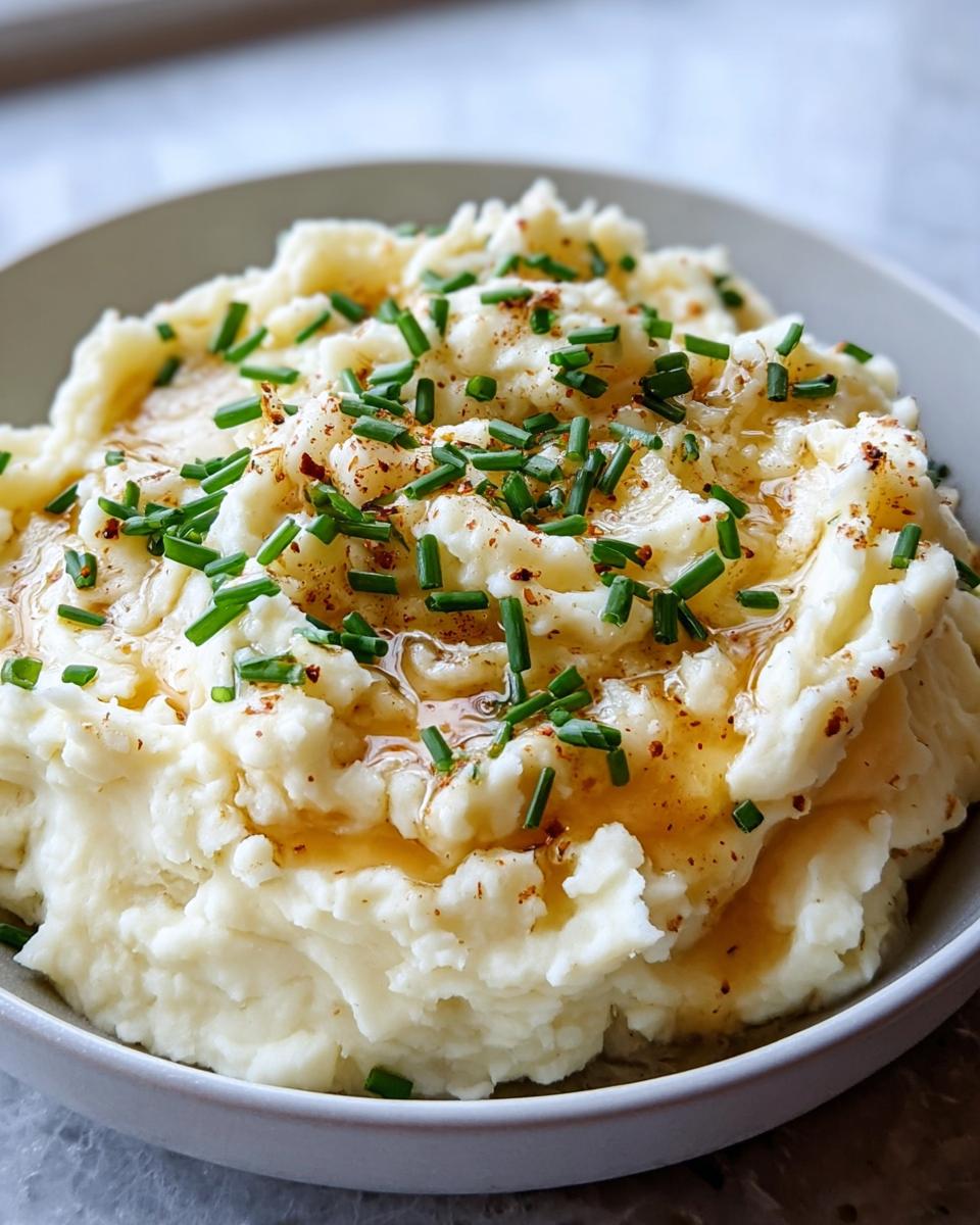 Fluffy mashed potatoes topped with a brown butter drizzle and fresh chives.