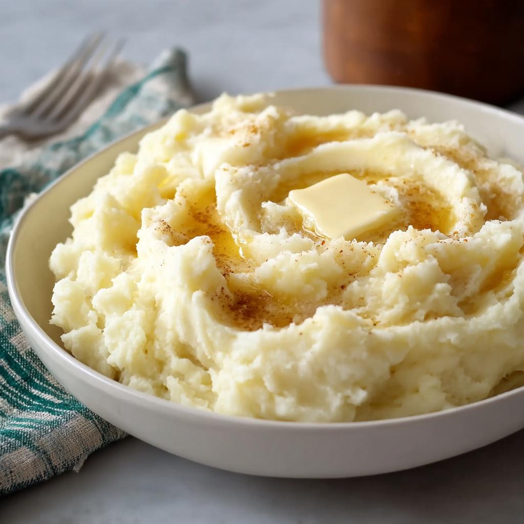 A white bowl filled with fluffy Mashed Potatoes with Cream Cheese Swirl, topped with melted butter and seasoning.