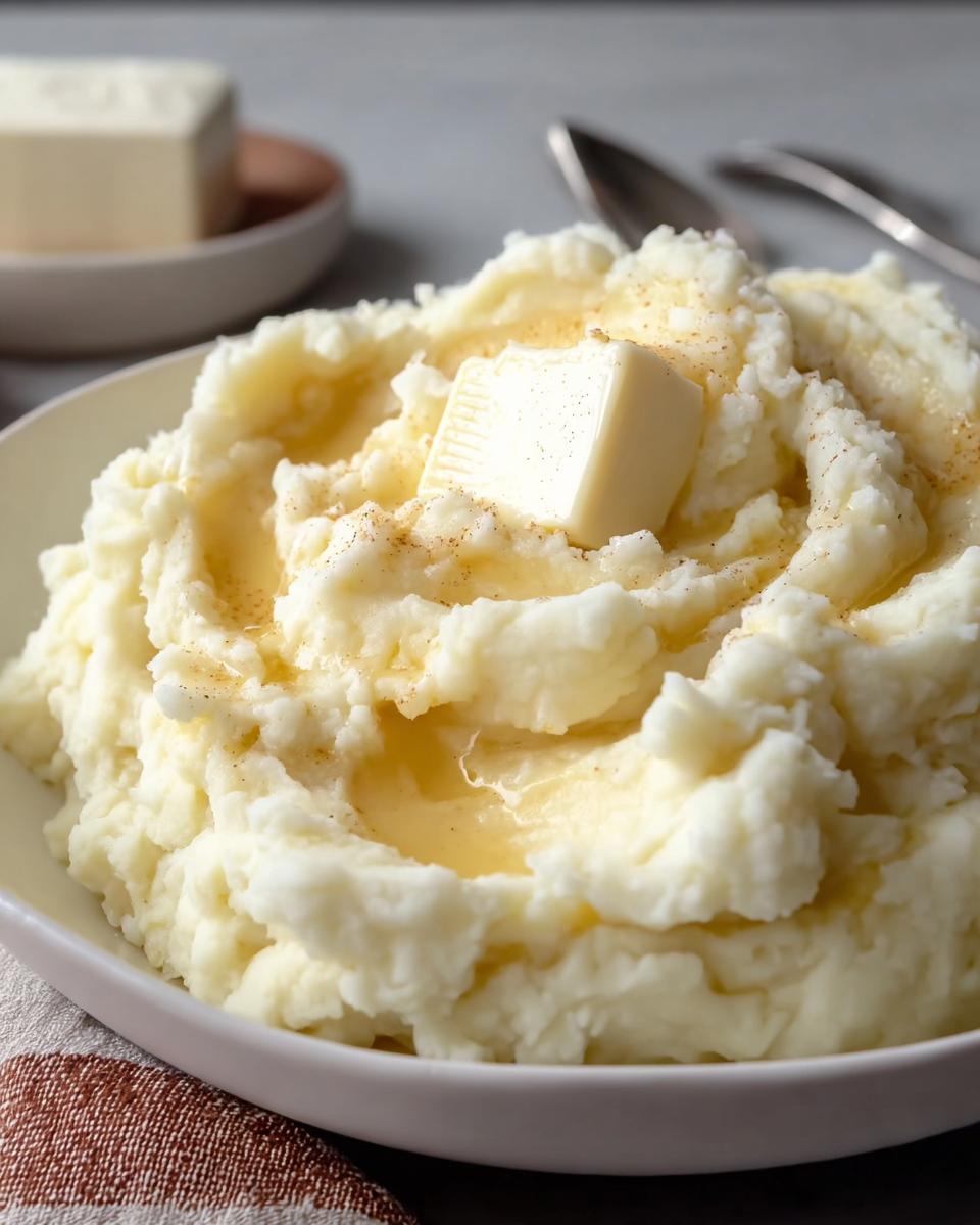 Fluffy Mashed Potatoes with Cream Cheese Swirl, topped with melted butter and a pat of butter.