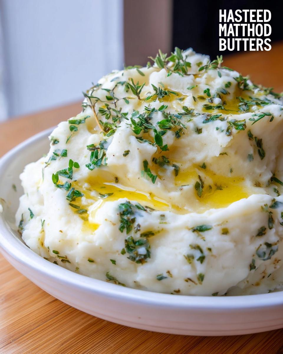 Fluffy mashed potatoes topped with melted herb butter and fresh thyme for the Mashed Potatoes with Herb Butter Finish.
