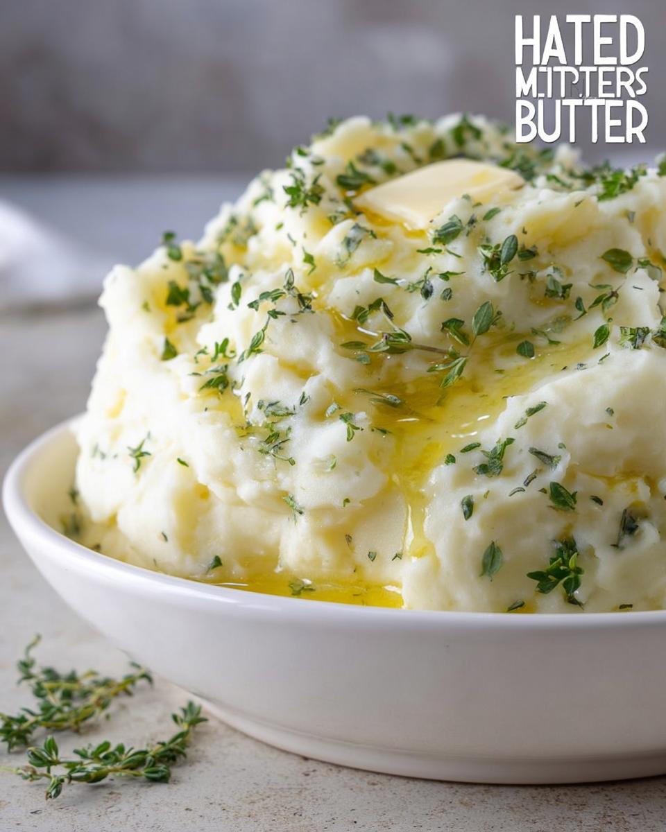 Fluffy mashed potatoes topped with melting herb butter and fresh thyme, ready to serve.
