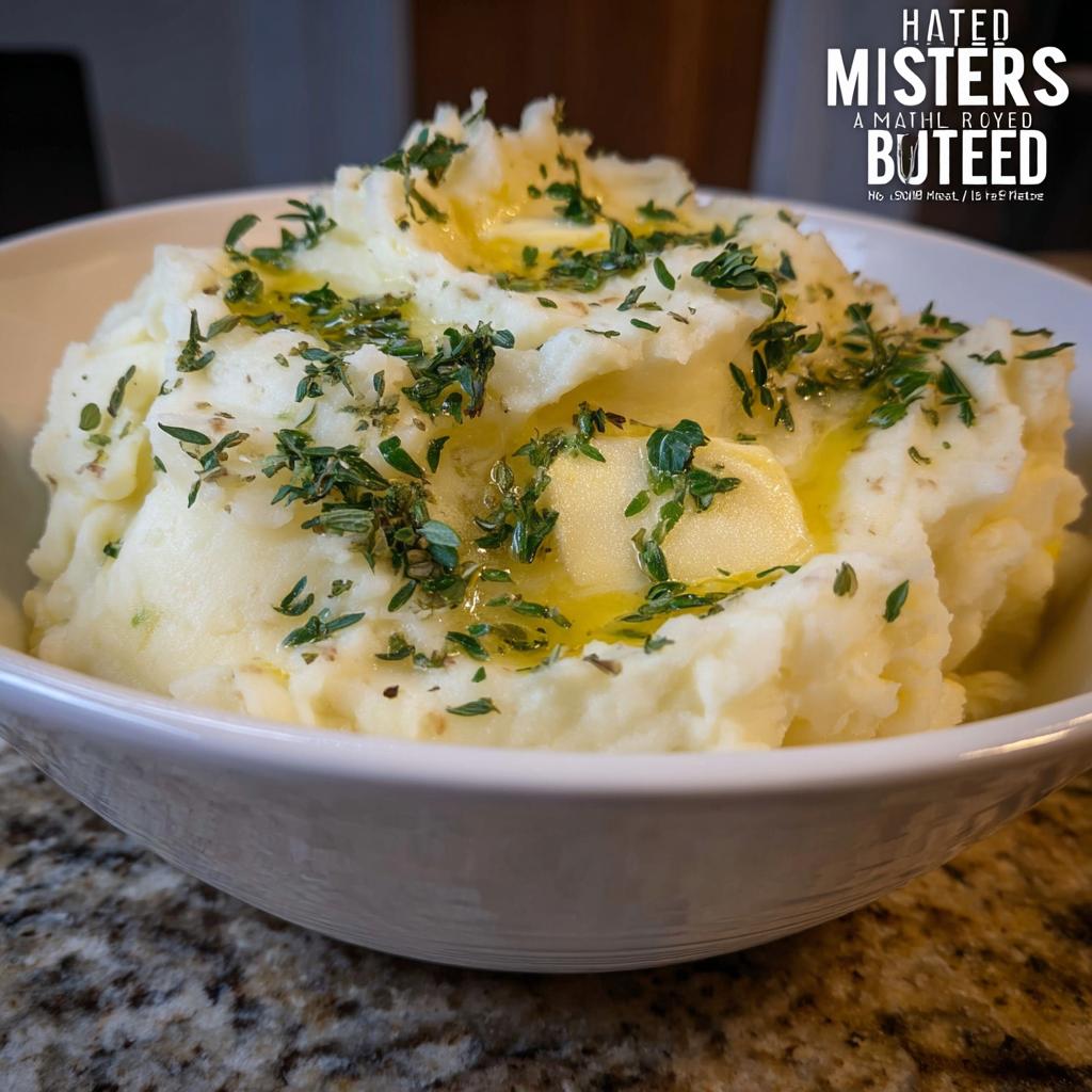 Fluffy mashed potatoes topped with melting butter pats and fresh chopped herbs for a delicious herb butter finish.