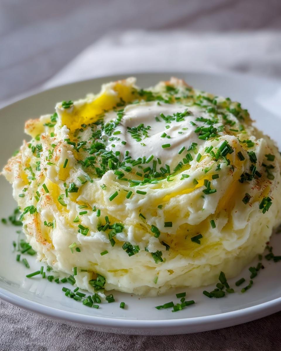 A mound of creamy Mashed Potatoes with Sour Cream and Chives, topped with a dollop of sour cream and fresh green chives.
