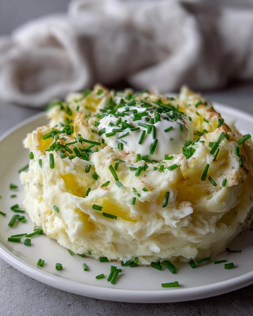 A mound of fluffy Mashed Potatoes with Sour Cream and Chives, topped with a dollop of sour cream.