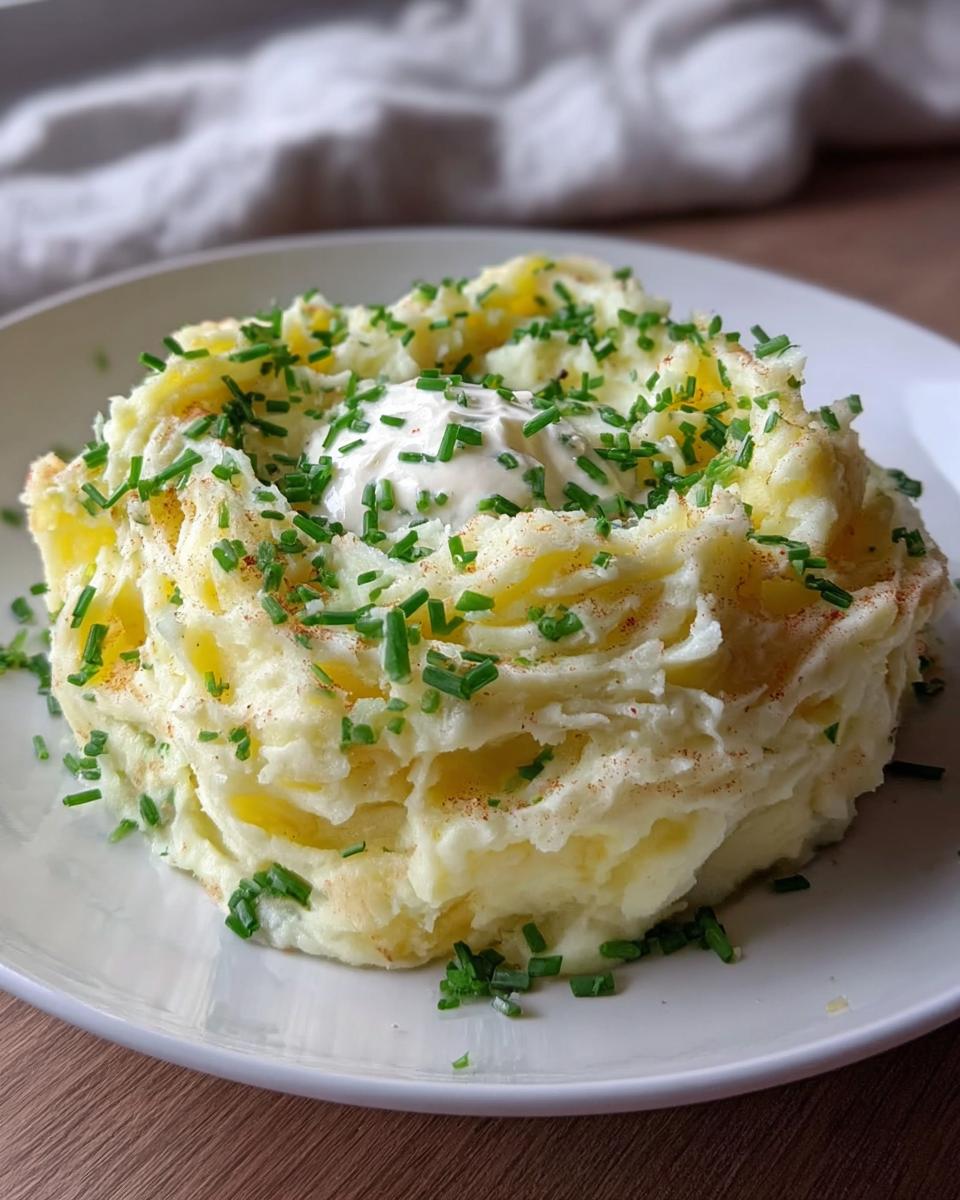 A serving of fluffy Mashed Potatoes with Sour Cream and Chives piled high on a white plate.