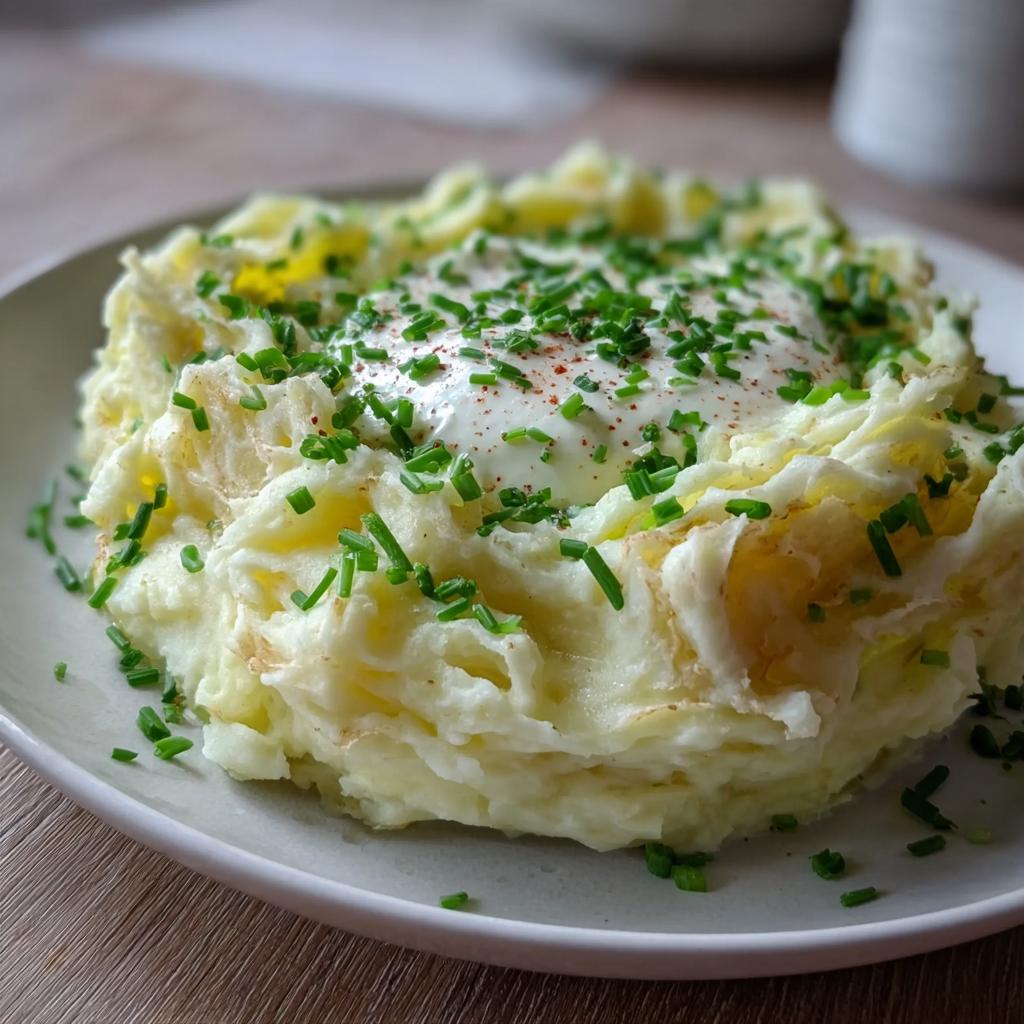 Fluffy mashed potatoes with sour cream and chives, served with a dollop of sour cream in the center.
