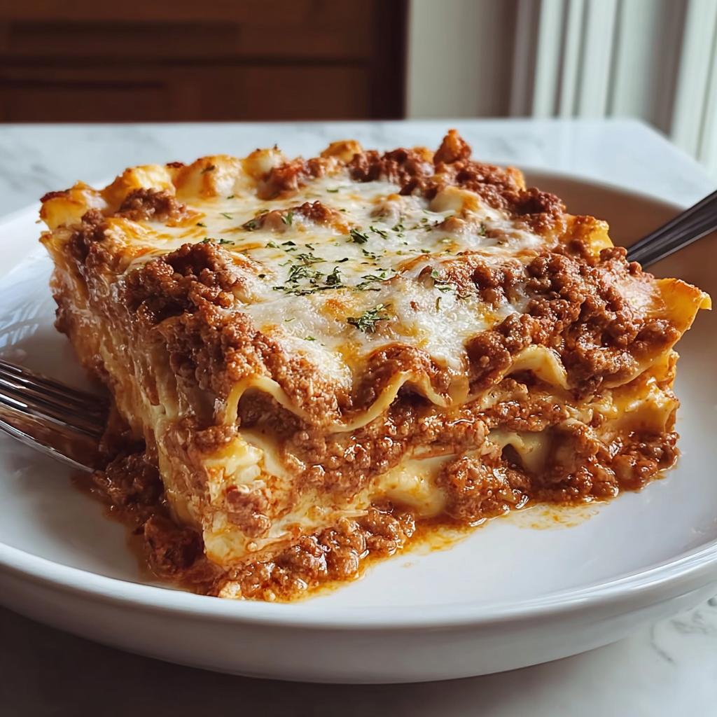 A rich, layered slice of Meat Sauce Lasagna with Tender Noodles, topped with melted cheese and parsley.