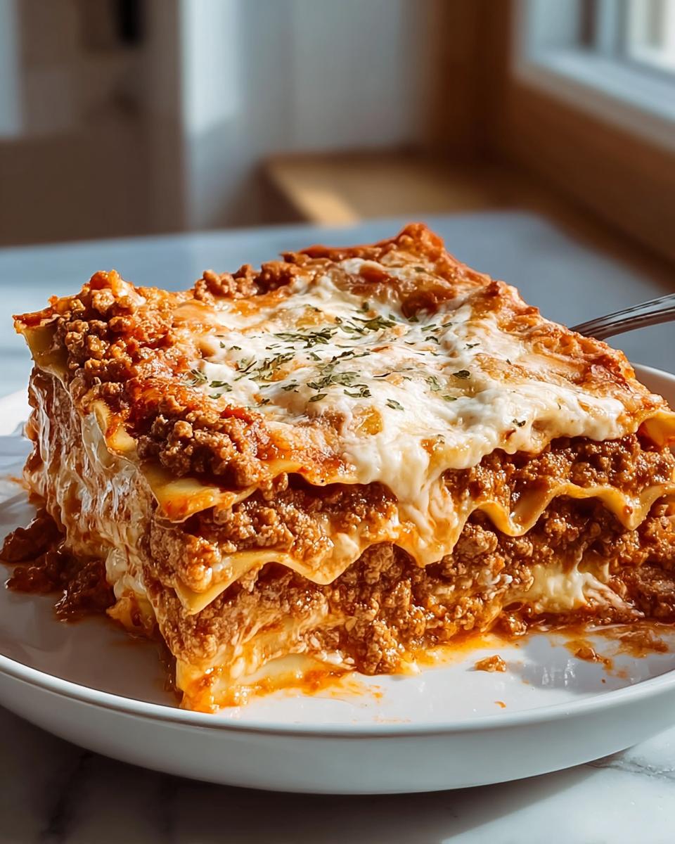 A generous slice of Meat Sauce Lasagna with Tender Noodles, showing layers of meat sauce and melted cheese.