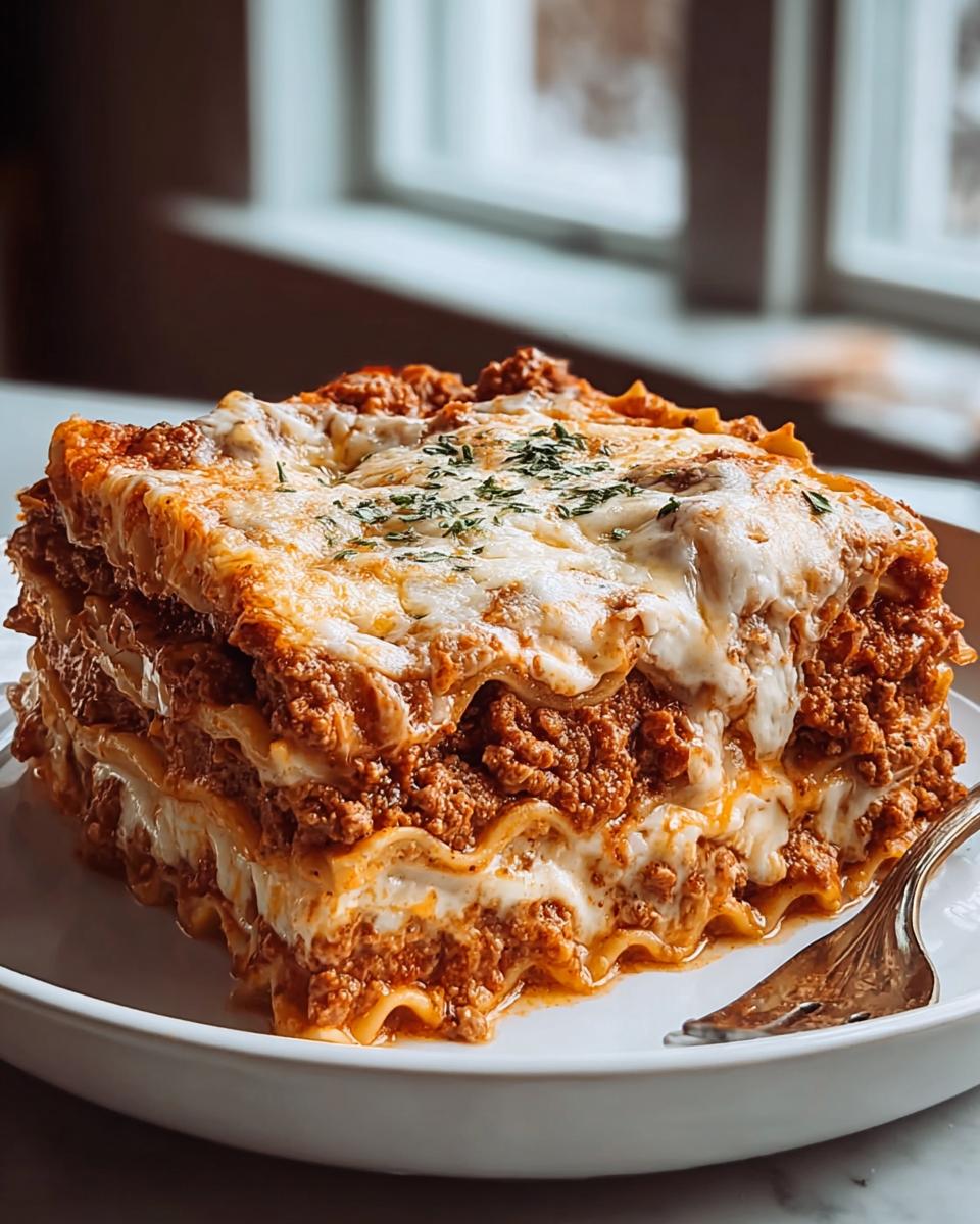 A thick, layered slice of Meat Sauce Lasagna with tender noodles, rich meat sauce, and melted cheese.