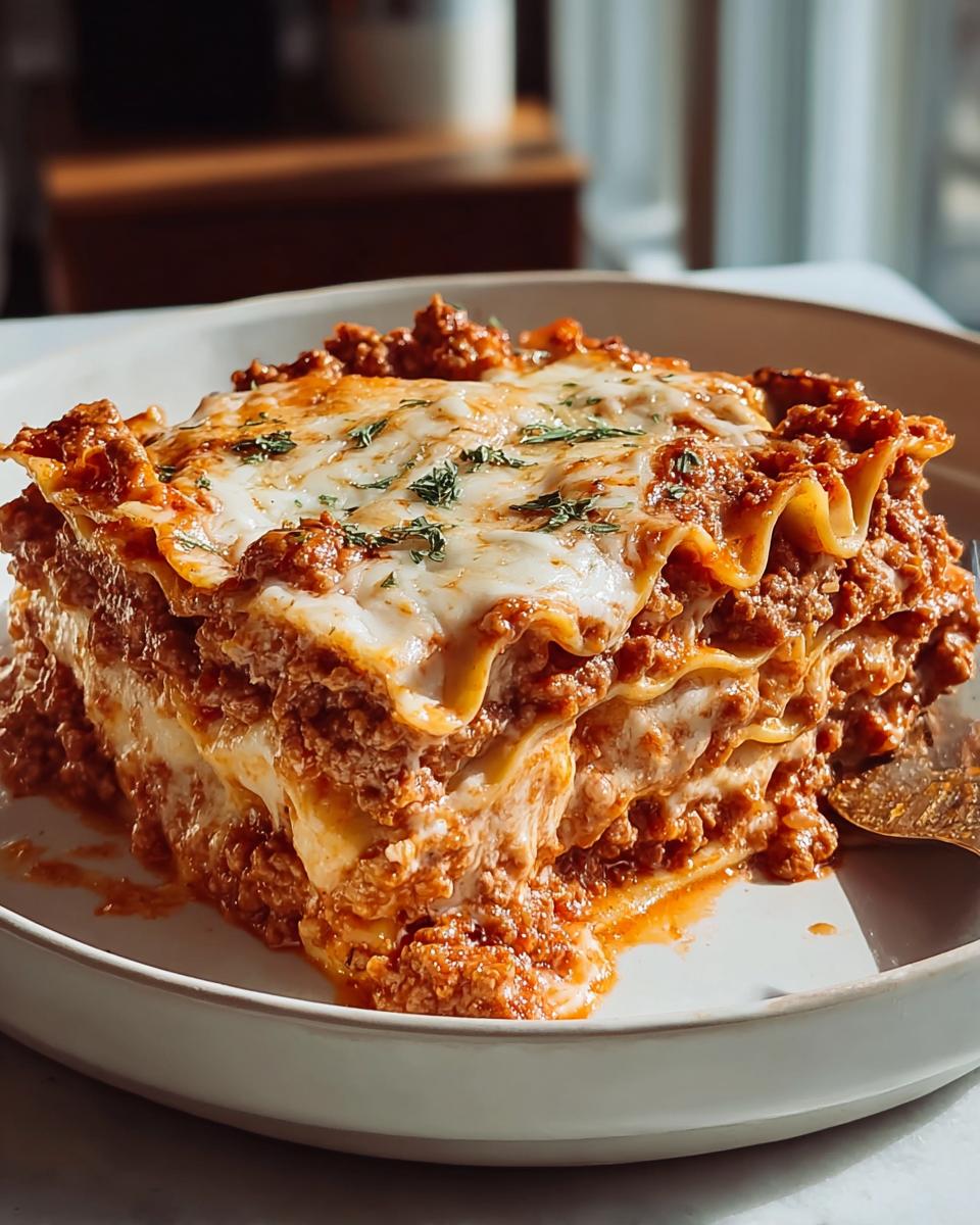 A generous, tall slice of Meat Sauce Lasagna with Tender Noodles, featuring layers of pasta, rich meat sauce, and melted cheese.