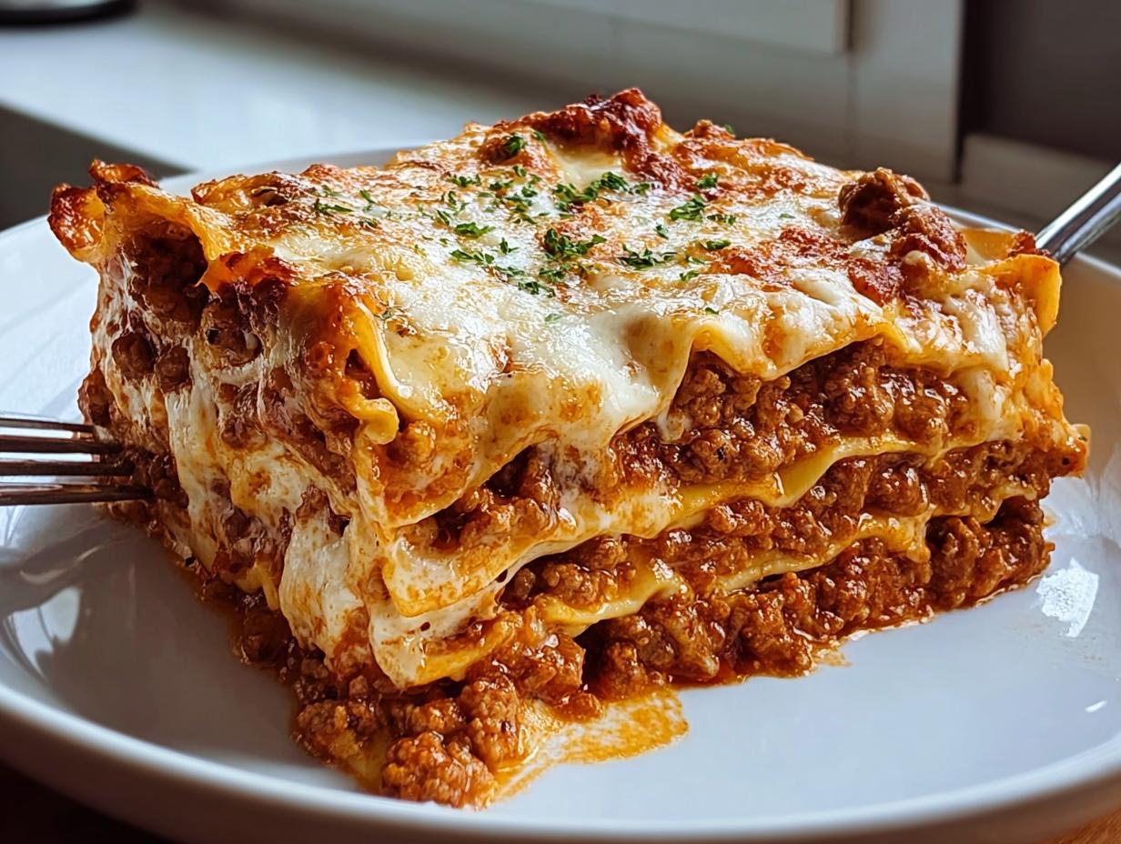 A thick, layered slice of Meat Sauce Lasagna with Tender Noodles, topped with melted cheese and parsley.