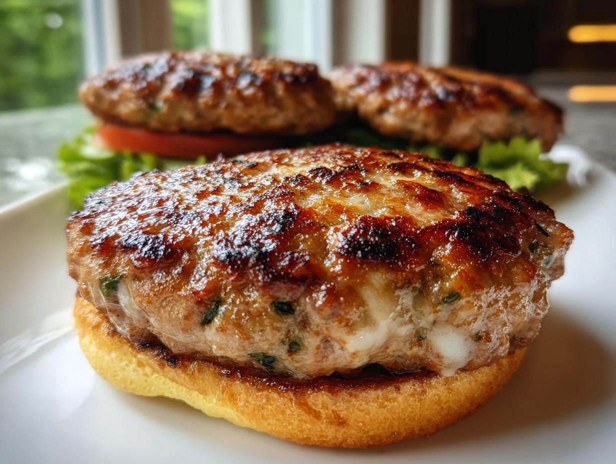 Close-up of a juicy, grilled Turkey Burger Patty that stays moist, resting on a toasted bun.