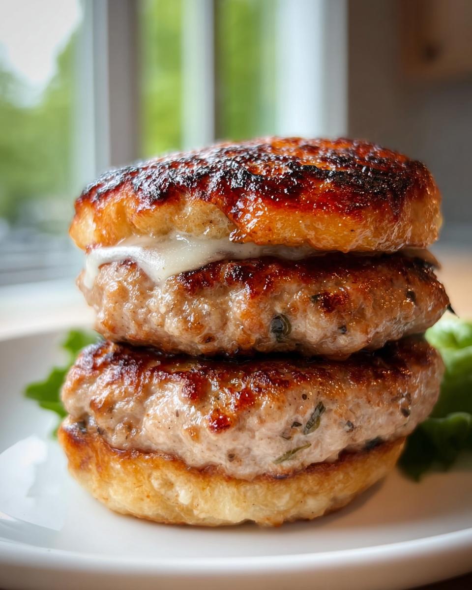 Close-up of two stacked, juicy Turkey Burger Patties with melted cheese between them, served on toasted buns.