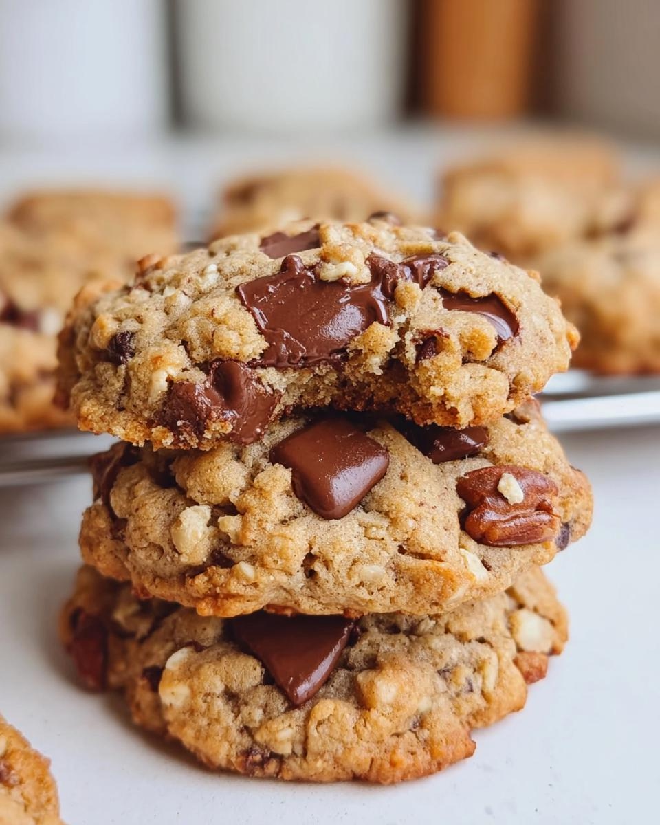 A stack of three chewy Oatmeal Chocolate Chip Cookies loaded with melted chocolate chunks.