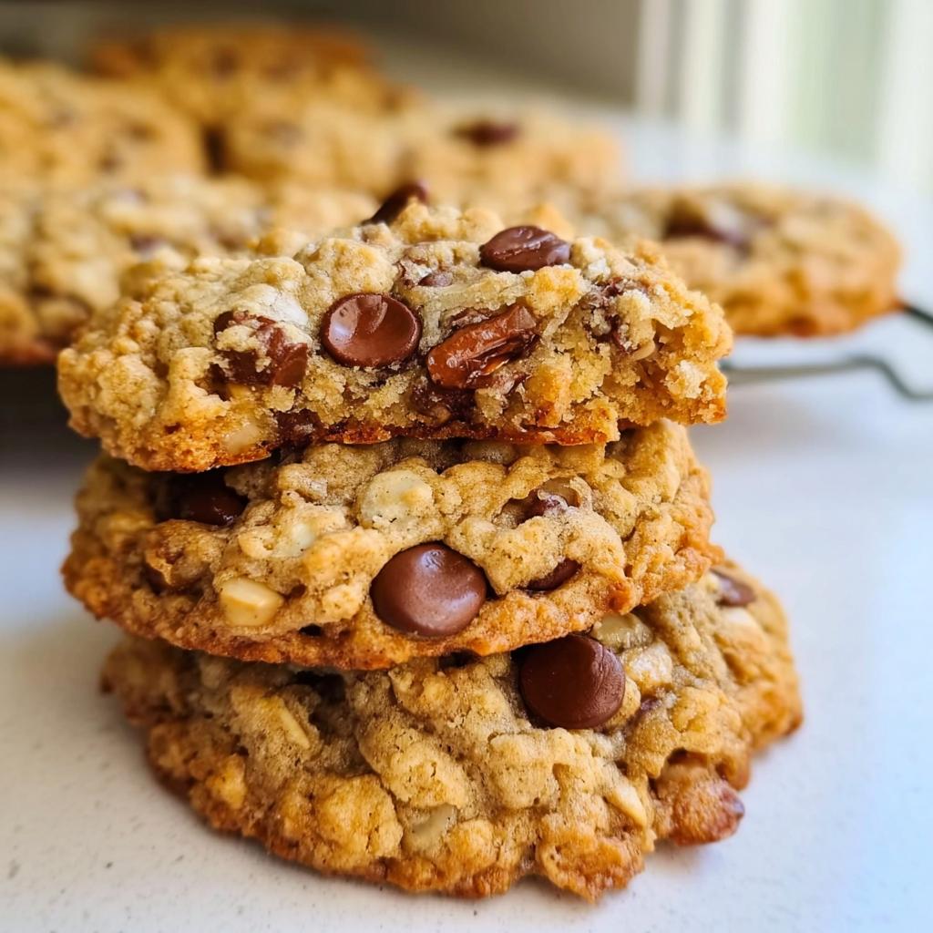 Stack of three Oatmeal Chocolate Chip Cookies with Chewy Bite, showing a broken cookie revealing the soft interior.