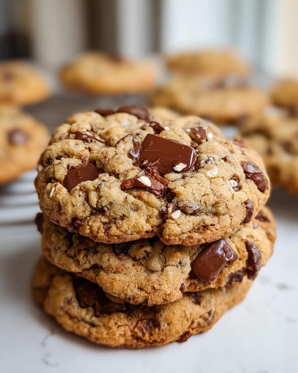 A close-up stack of three thick Oatmeal Chocolate Chip Cookies with Chewy Bite, featuring melted chocolate chunks and sea salt.