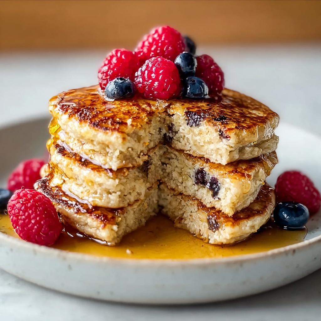 Stack of Oatmeal Pancakes with Hearty Texture, topped with fresh raspberries, blueberries, and drizzled with maple syrup.