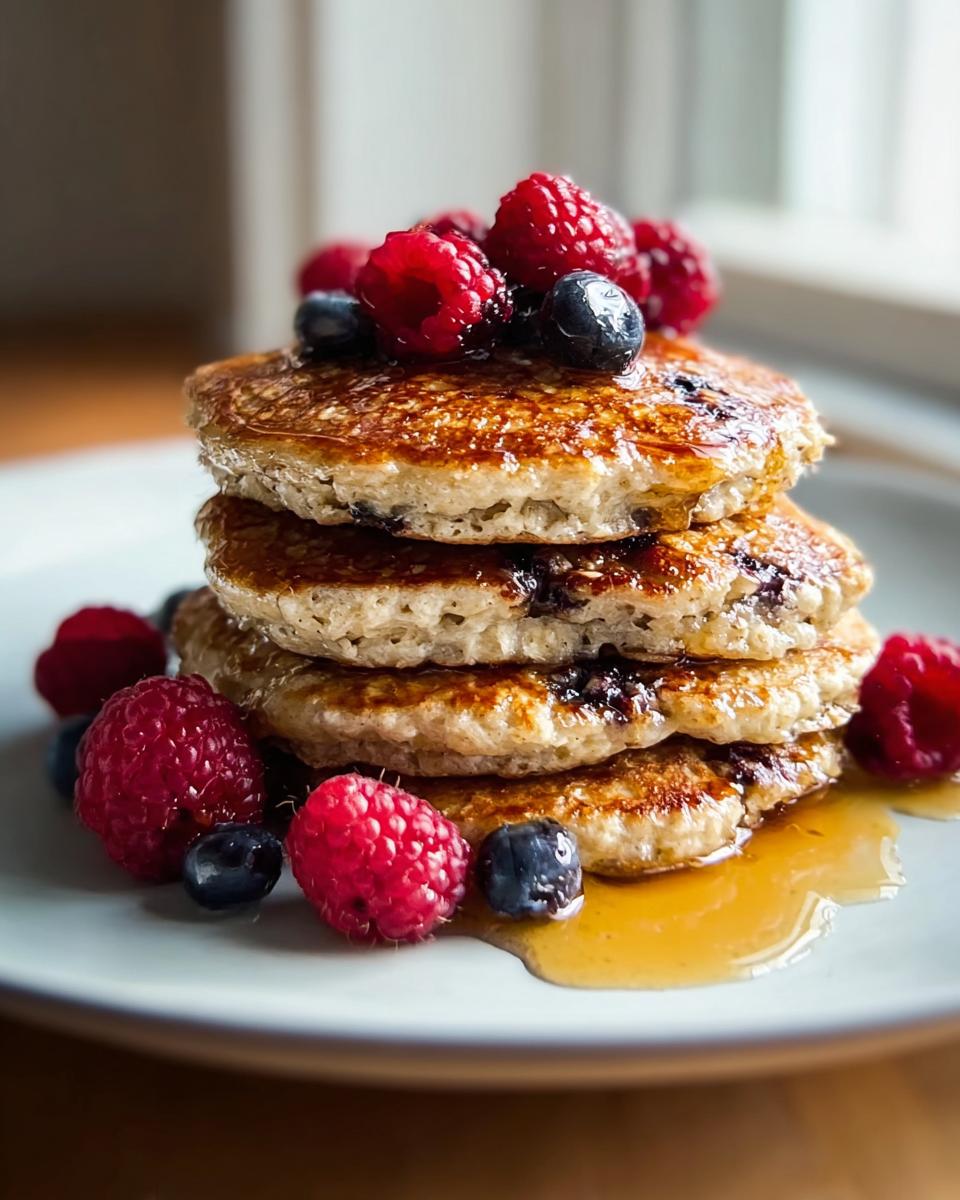 A stack of four Oatmeal Pancakes with Hearty Texture, topped with fresh raspberries and blueberries and drizzled with maple syrup.
